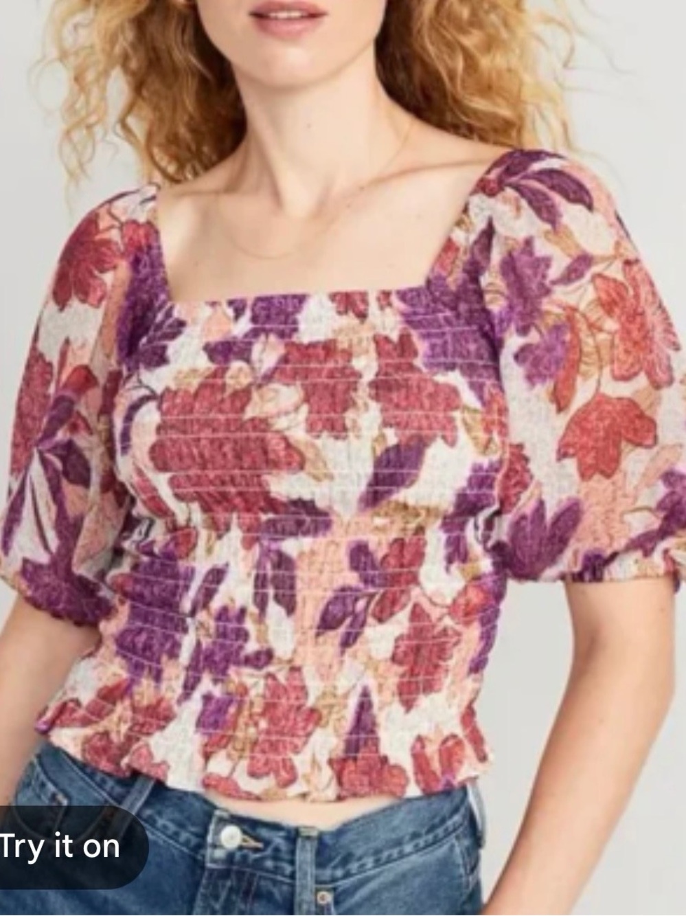 Old Navy Floral Smocked Puff Sleeve Crop Top - Purple & Rust